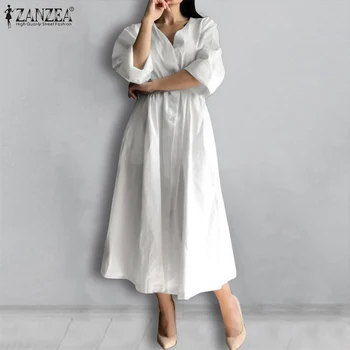 Femei la Jumătatea vițel Rochie 2021 Doamne Elegante din Dantela-Up Vestidos ZANZEA Toamna Retro Casual cu Maneci Lungi Solid Robe Longue Supradimensionat 5XL