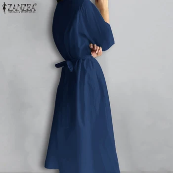 Femei la Jumătatea vițel Rochie 2021 Doamne Elegante din Dantela-Up Vestidos ZANZEA Toamna Retro Casual cu Maneci Lungi Solid Robe Longue Supradimensionat 5XL