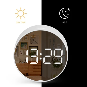 2020 Rotund Cu Led-Uri Oglindă Ceas Deșteptător Ceas De Masa Digital Lumina De Noapte Amânare Cu Temperatura Electronice Despertador Decor Acasă