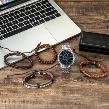 Ceasuri de moda Set oameni de Afaceri din Oțel Trupa Cuarț Ceas de mână Sport Cu Diverse Țesute de Mână Cabluri bratara Seturi Cutie de Repede