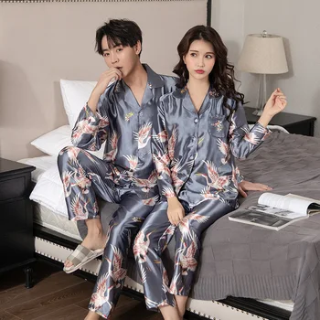 Cuplu Set de Pijama Femei, Barbati Matase Satin Set Pijama Cupluri Maneca Lunga, Pijamale Homewear Pj Unisex Pijamale Plus Dimensiune M-XXL