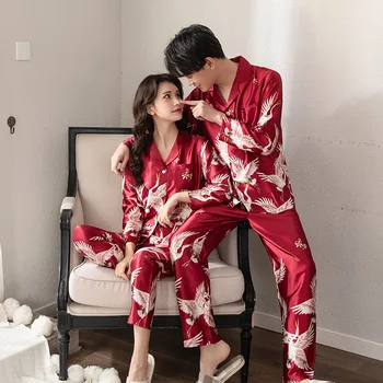 Cuplu Set de Pijama Femei, Barbati Matase Satin Set Pijama Cupluri Maneca Lunga, Pijamale Homewear Pj Unisex Pijamale Plus Dimensiune M-XXL