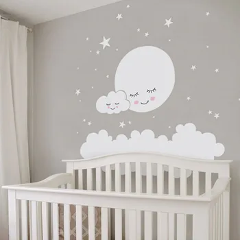 Minunat Nor Alb Și Stele Murală Decal Babys Bedroom Decor Pepinieră din PVC, Auto-adeziv Tapet Luna Autocolant de Perete Pentru Camera Copii