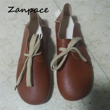 Zanpace Plat Pantofi Femei Pantofi comozi din Piele Rotund Toe Dantela-Up Superficial Gura Pantofi Plat pentru Mama Dulce de Fasole Pantofi