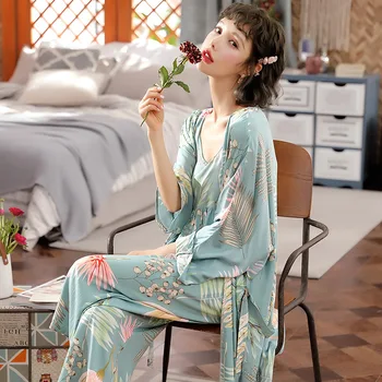 KISBINI Femei Halat Seturi 3PCS Vara Nightrobe Top lady Pantaloni Set de Pijamale Floare de Imprimare Poliester Femei îmbrăcăminte de noapte Homewear