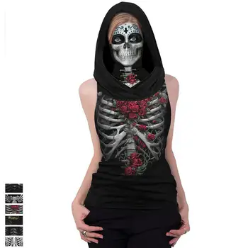2020 Moda High Street Halloween Craniu de Imprimare de Vară Moale Respirabil cu Gluga Gotic Femei de Top Fata Rece-muntele Masca de Sus Femme