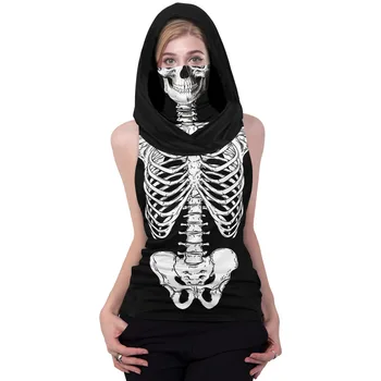 2020 Moda High Street Halloween Craniu de Imprimare de Vară Moale Respirabil cu Gluga Gotic Femei de Top Fata Rece-muntele Masca de Sus Femme