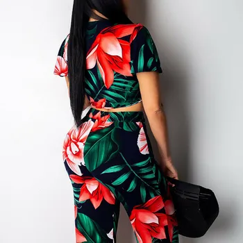 Haine De Vară Pentru Femei Din Două Piese V-Neck Salopeta Imprimata Floral Crop Top +Pantaloni Largi Picior Nou 2 Bucata Set Pentru Femei Maneci Scurte