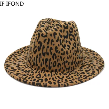 Leopard de Imprimare Wide Brim Fedora Pălărie Femei Bărbați de Lână Simțit Pălării de Epocă, tv cu Două Ton Panama Jazz Chapeau pălărie