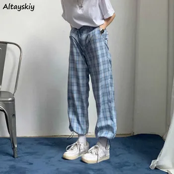Pantaloni Femei Vrac Carouri Dulce Fetele Preppy Talie Elastic Stil coreean Slim Casual de zi cu Zi Chic Trendy Glezna-lungime Pantaloni Harem