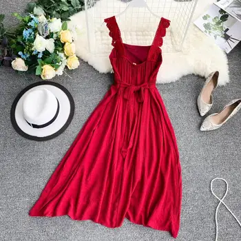 2019 noua moda pentru femei rochii de Dantelă curea tub de top talie subțire retro rochie lunga rosie