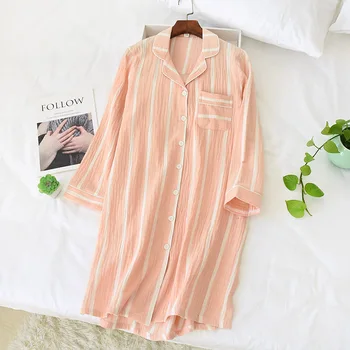 Noi Japoneză simplu cu dungi camasi de noapte femei bumbac cămașă casual cu maneci Lungi interior somn rochie femei, pijamale