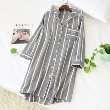 Noi Japoneză simplu cu dungi camasi de noapte femei bumbac cămașă casual cu maneci Lungi interior somn rochie femei, pijamale