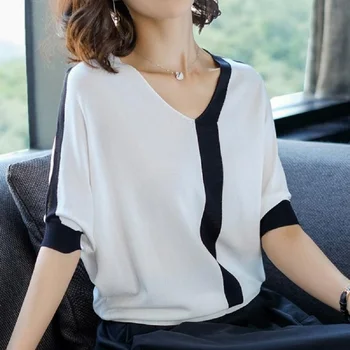 Bluza Femei Coreene Tricouri De Vara Simplu Pierde În 2020, Jumătate Maneca Feminin V Gât Topuri Doamnă Birou De Lucru Bluza Tricouri Topuri