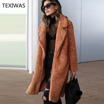 TEXIWAS Gros de Iarna Cald Cardigan Lung Pufos de Blană Faux Blana Femei vogue Rever Shaggy Palton Plus Dimensiune Sacouri streetwear