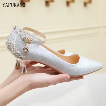 Argint de Mireasa, Pantofii de Mireasa Plus dimensiune 33-41 Femei Stras de Cristal Femeie Superficială Pompe de 5 cm/7 cm/9cm Petrecere tocuri inalte