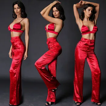 Femei Doamnelor Vara Sexy Seturi Roșu Buna 2 BUC Îmbrăcăminte Bandaj Dantelă Topuri + Liber Largi Picior de Înaltă Talie Pantaloni Largi