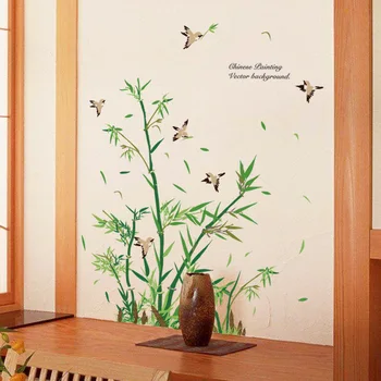 Chineză Stil De Bambus, Vinil Autocolant De Perete Camera De Zi De Decorare Baie Păsări Ușă De Sticlă Decor Acasă Copac Decalcomanii De Perete Autocolante