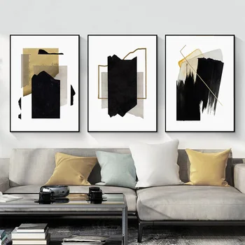 Epocă de Aur Negru Perie Efect Geometrice Abstracte Panza Pictura de Perete de Arta de Imprimare Poster Imagine Living Decor pentru Casa