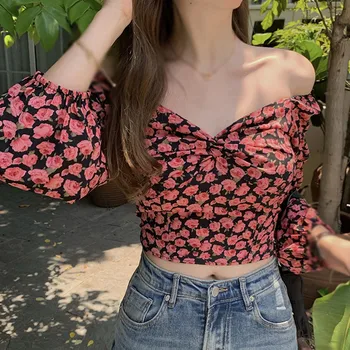 2020 Nou Roșu Șifon Tricouri Femei Dulce Floral Print De Pe Umăr Bluze Sexy Mâneci Lungi Culturilor Topuri