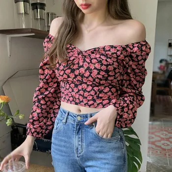 2020 Nou Roșu Șifon Tricouri Femei Dulce Floral Print De Pe Umăr Bluze Sexy Mâneci Lungi Culturilor Topuri