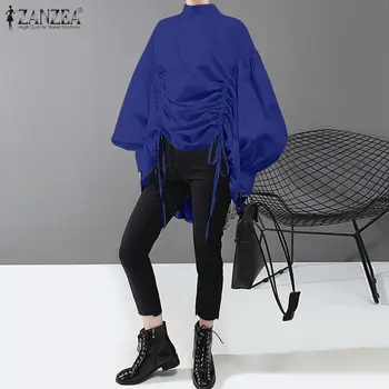 2021 Petrecere de Primavara Tricou ZANZEA Femei Solid Ridicat Scăzut Bluza de Moda Cordon Tunica Bluze Lungi Casual Manșon de Puf Blusa Plus Dimensiune