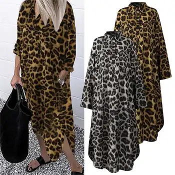 Femei Leopard Rochie Camasa ZANZEA Primăvară Elegant PrintSundress Casual cu Maneci Lungi Midi Vestidos de sex Feminin Butonul Haina Plus Dimensiune