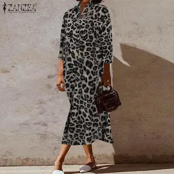 Femei Leopard Rochie Camasa ZANZEA Primăvară Elegant PrintSundress Casual cu Maneci Lungi Midi Vestidos de sex Feminin Butonul Haina Plus Dimensiune