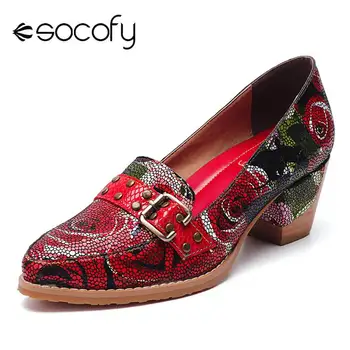 SOCOFY Reale Pompe de Piele Floare Trandafir Model Confortabil, Elegant Rochie Casual, Pompe de Pantofi pentru Femei Pantofi pentru Femei 2020