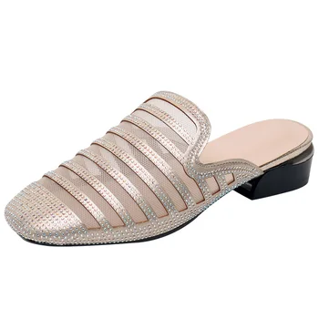 GKTINOO 2020 Noi de Vara Femei Papuci Degetele de la picioare Închise Toc Patrat Doamna Sandale de Moda Plasă Stras Pantofi de sex feminin, Plus Dimensiune