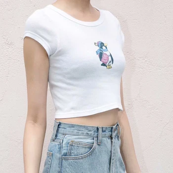 Vara Minunat de Imprimare Sexy Top Femei 2020 Bumbac Alb All-meci Scurt Maneca Tee de Moda New Penguin Graphic Tee Shirt Topuri