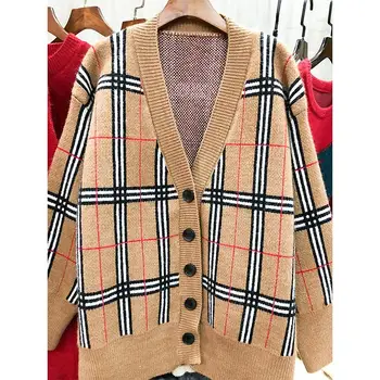 Femei nou retro verificați model de culoare tricot cardigan toamna și iarna nou liber leneș v-neck pulover jacheta