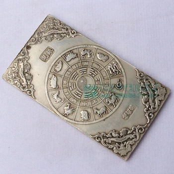 Chineză tibet Argint Lingouri thanka Fengshui Ssangyong e sărbătoare longevitate statuie amuleta Talie tag, atârnă de metal artizanat