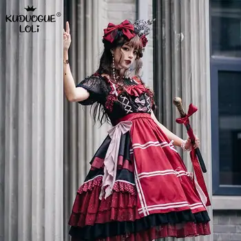 Victorian Lolita Suspensor JSK Rochie Fete Mică Vrăjitoare de Halloween, Costum Gotic Arcuri Unic Volane Stratificat Inimile Print pentru Femei