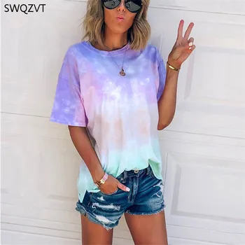 SWQZVT Tie Dye Imprimate T-shirt Femei Topuri Casual de Vara cu Maneci Scurte Tricou Femei din Bumbac Moale Femei Top Teu În 2020, Noul tricou