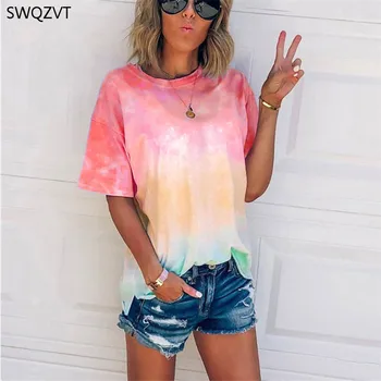 SWQZVT Tie Dye Imprimate T-shirt Femei Topuri Casual de Vara cu Maneci Scurte Tricou Femei din Bumbac Moale Femei Top Teu În 2020, Noul tricou