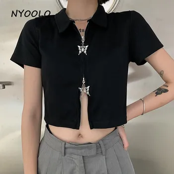 NYOOLO Harajuku fluture fermoar maneci scurte T-shirt femei haine de Vară streetwear turndown guler negru topuri scurte tee top