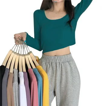 Femei Lungă cu Mâneci Bottom T-Shirt Cu Toamna/Iarna Noi Versiunea coreeană De Culoare Pură de Moda T-Shirt Slim Scurt Culturilor Sus