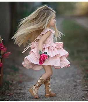 Copilul Fete Dress 2018 Nou Stil Carouri Roz cu Spatele gol Rochie Haine Copii Flare Sleeve Tort Etajat Rochie pentru Copii rochie Tutu