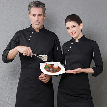 Uniforma albastra jacheta mâneci lungi restaurant uniforme femei și bărbați bucătărie de Catering negru găti haina la două rânduri de haine bucătar