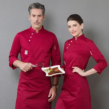 Uniforma albastra jacheta mâneci lungi restaurant uniforme femei și bărbați bucătărie de Catering negru găti haina la două rânduri de haine bucătar