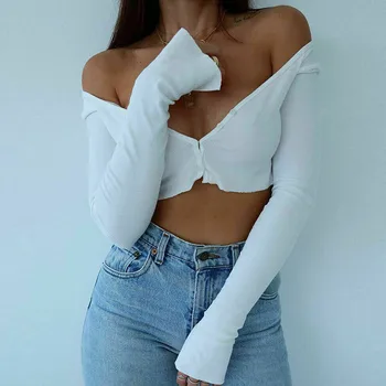 2020 Vara Toamna Femei Coreeană De Moda Cardigan Pulover Sexy Cu Maneci Lungi Deschisă Față De Butonul De Tricotat Cardigan Crop Top Alb
