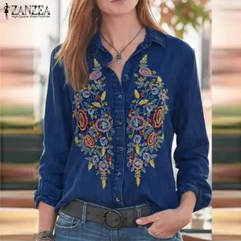 ZANZEA Femei Vintage Brodata Denim Albastru, Tricouri Casual Rever Neck Floral Bluza cu Maneci Lungi de Sus Toamnă Munca Blusas Plus Dimensiune