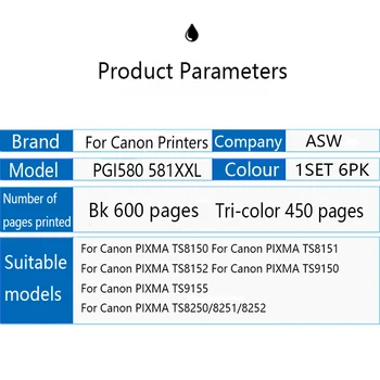 18PK Compatibil pgi580 cli581 de cerneală pentru Canon PGI 580 PGBK CLI 581 BK/C/M/Y/PBK XL pentru PIXMA TS8150 TS8151 TS8152 TS9150 TS9155