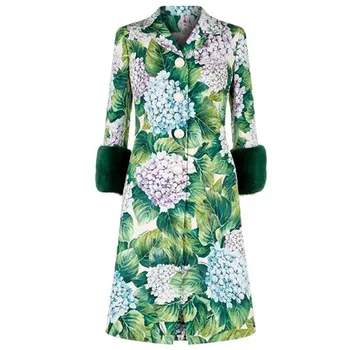 Frunze verzi de Catifea cu Maneci Femei Haină Lungă butonul de plante florale amestec de lână lucru de birou doamnă moda 2019 Pardesie feminine