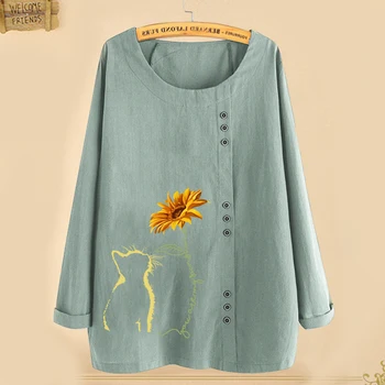 Casual Femei Gât O Lenjerie de pat din Bumbac Floral Print T-shirt-uri de Vară, de Toamnă de Moda Butonul Maneca Lunga Top Vrac Partidul Elegant T-shirt