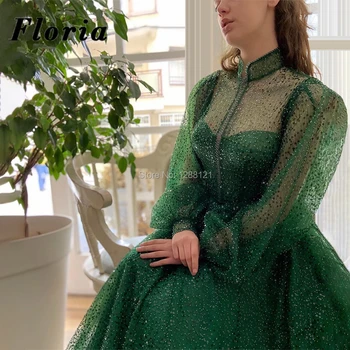Vestidos De Fiesta 2020 Verde Smarald Rochii De Seara Islamic Arabia Saudită Perle Formale Celebritate Rochii Cu Maneci Lungi Rochie De Bal