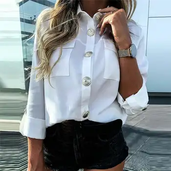 Toamna Moda pentru Femei Bluza cu Maneci Lungi Guler de Turn-down Buton Jos Tricouri Casual Solid Top