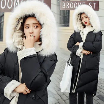 2018 moda de iarnă cu glugă lungi culoare solidă guler de blană detașabil strat de bumbac