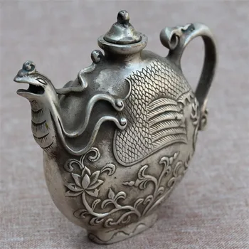 China Tibet Vechi Vintage Manopera miao Argint Păun oală plat Ceainic de metal artizanat, decorațiuni interioare